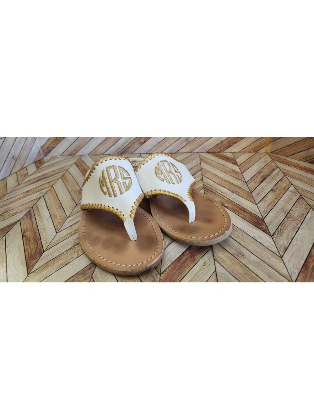 Jack Rogers MRS Wedding Bridal Shower Honeymoon White Gold Monogram Sandal 8